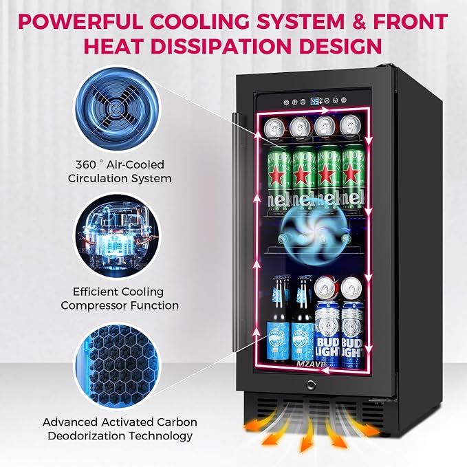 15 Inch Beverage Cooler Refrigerator, 15" Beverage Cooler Under Counter 130 Cans Beverage Fridge with Glass Door, Freestanding or Built-In Mini Drinks Fridge with Lock for Soda, Beer, Black - Image 3