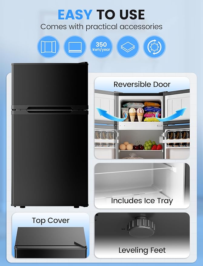 COWSAR 3.2 Cu.Ft Mini Fridge with Freezer for Bedroom Office, Black | Single Reversible Door, 7 Temperature Settings, Energy Saving, 2 Removable Shelves, Compact Small Fridge for Apartment Dorm - Image 6