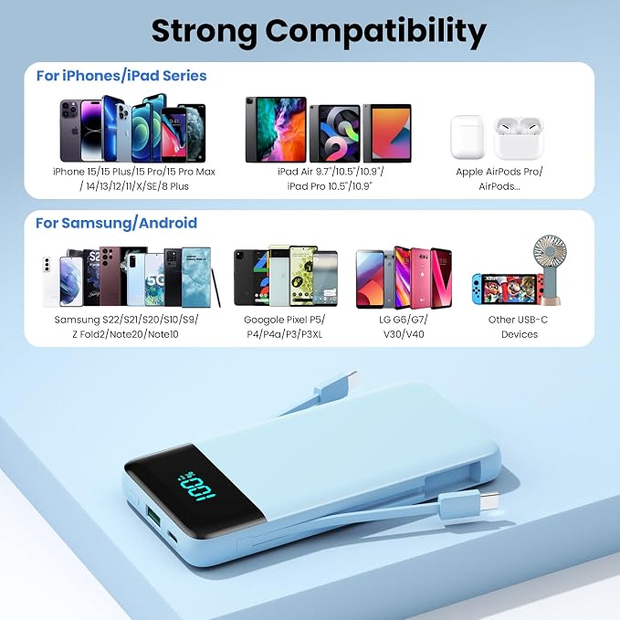Portable Charger for iPhone,13800mAh Slim Power Bank with Built-in Cables & AC Wall Plug,All in One 4 Outputs USB C Fast Charging Battery Pack Travel Essential for iPhone 17/16/15/14,Android(Sky Blue) - Image 7