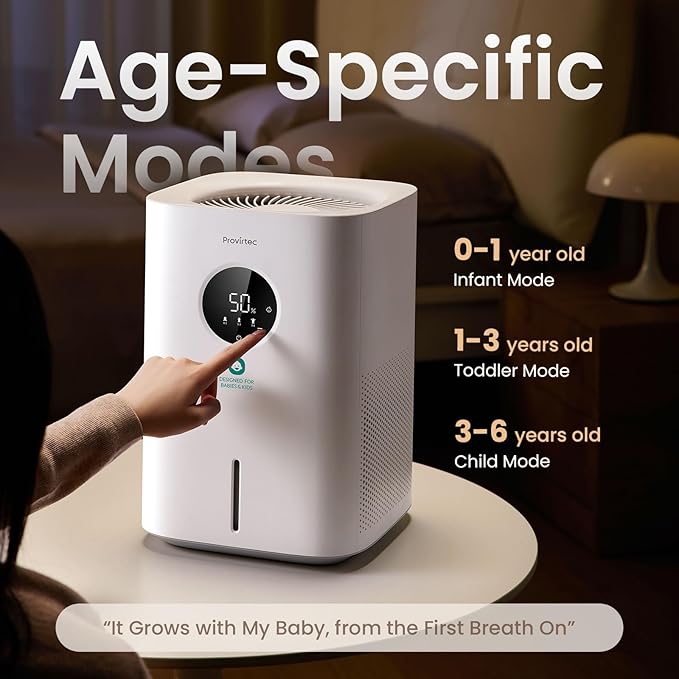 Pro Baby Evaporative Humidifier for Bedroom, MistFree & No White Dust, BPA-Free and 16dB Quiet Sleep for kids, 3 Age-Modes, Auto Control, Tap Water Safe, 4L Easy Clean Tank for Nursery - Image 2