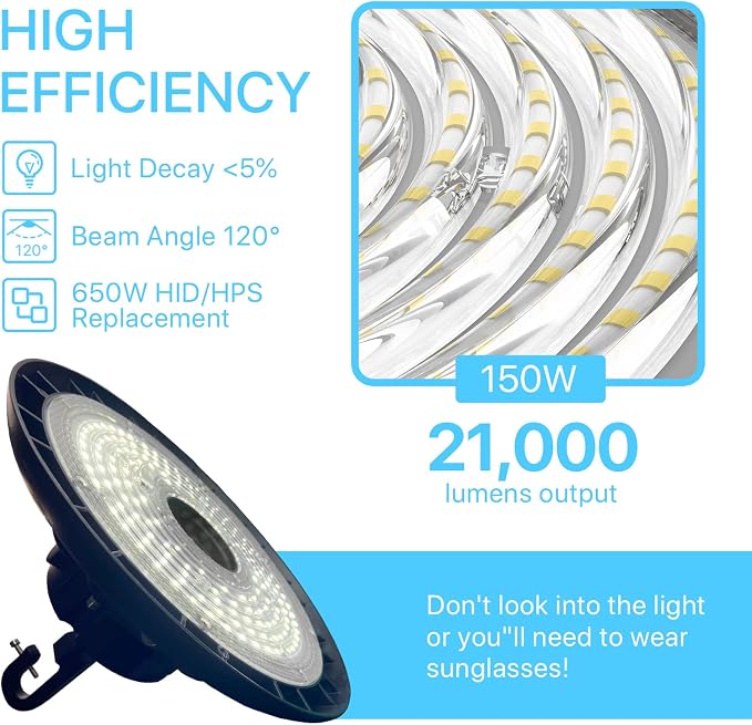 HYPERLITE 150W Smart High Bay LED Shop Lights 6pack, 140LM/W 5000K LED High Bay - Image 4