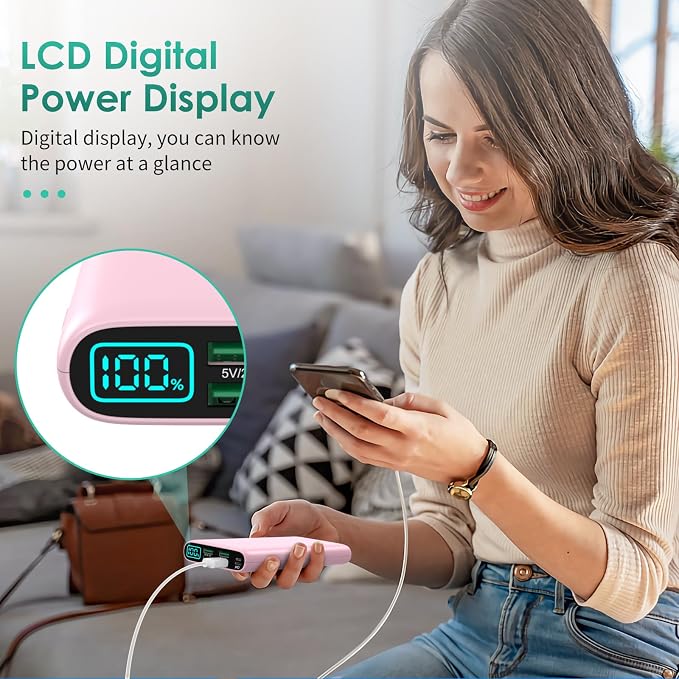Portable Charger 38800mAh,LCD Display Power Bank,5 USB Outputs Battery Pack Backup, USB-C 3A in&out Travel Essential Portable Phone Charger For iPhone 17/16/15/14/13 Pro/12,Android Samsung Galaxy-Pink - Image 8