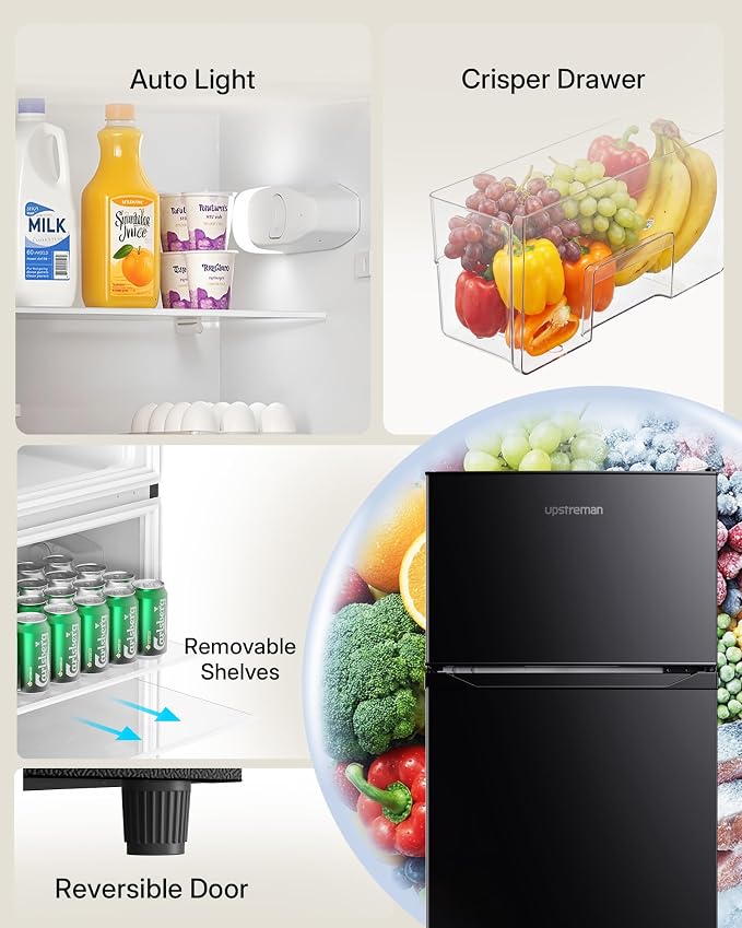 Upstreman 7.7 Cu.Ft. Refrigerator with Freezer Double Door Fridge | 7 Adjustable Thermostat, Large Capacity, Reversible Door Swing, Refrigerator for Apartment, Office, Dorm, Black（BD75 - Image 5