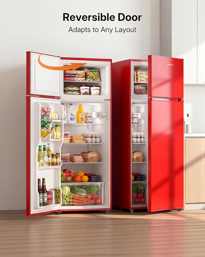 Upstreman 7.7 Cu Ft Refrigerator with Freezer Double Door Fridge | 7 Adjustable Thermostat , Reversible Door, Large Capacity Refrigerator for Apartment, Dorm, Office, Kitchen, Red (BD-75) - Image 8