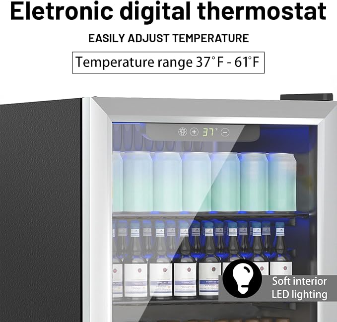 70 Can 1.7 Cu.Ft Compact Beverage Refrigerator With Glass Door | Stainless Steel Drink Cooler with Reversible Glass Door for Soda Wine Beer, Small Fridge for Home Office Bar (40℉-61℉) - Image 4
