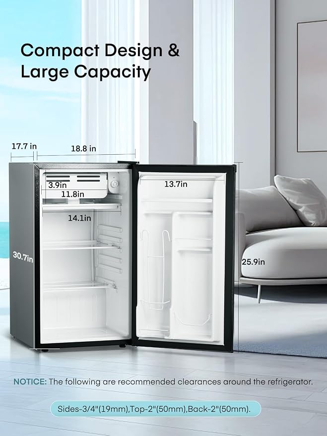FOHERE 3.2 Cu. Ft Mini Fridge with Freezer, Single Door Compact Refrigerator, Small Fridge with 7 Adjustable Thermostat for Dorm, Bedroom, Office, Reversible Door, Energy Saving, Low Noise, Black - Image 9