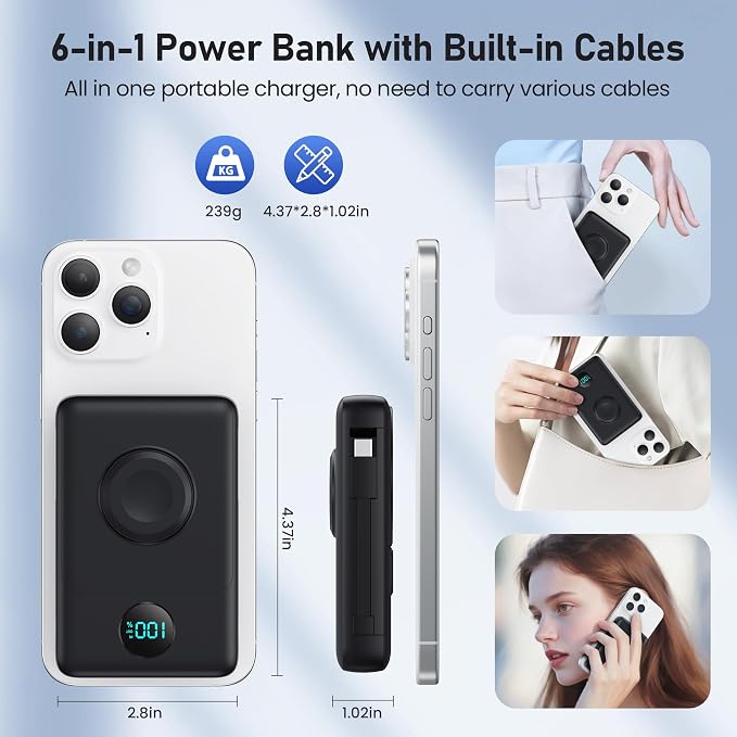 Magnetic Portable Charger for MagSafe with Built-in Cable,iWatch Charger,10800mAh Wireless Power Bank Travel Essentials,25W PD Fast Charging Battery Pack for iPhone 17/16/15/14/13/12,Apple Watch-Navy - Image 8
