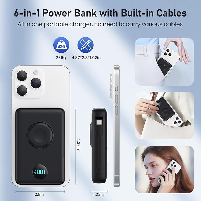 Magnetic Portable Charger for MagSafe with Built-in Cable, iWatch Charger,10800mAh Wireless Power Bank Travel Essentials,25W PD Fast Charging Battery Pack for iPhone 17/16/15/14/13 Series,Apple Watch - Image 4