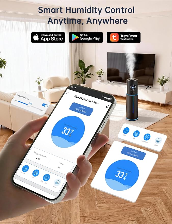 10L/2.64 Gal Humidifier for Large Room 600ft² 60H Runtime 24H Timer Auto Mode APP & Remote Control Top Fill Diffuser Aromatherapy 7 Color Lights Cool Mist Humidifier for Bedroom Home Office Plant - Image 2