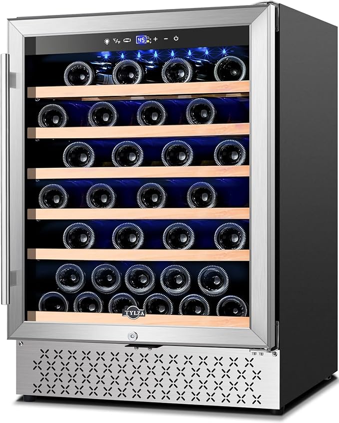 24 Inch Wine Fridge, 54 Bottles Wine Refrigerator, Under Counter or Freestanding, 40-65°F, Lock, Double Layer Tempered Glass Door, Wine Cooler Refrigerator with Adjustable Wooden Shelves by TYLZA