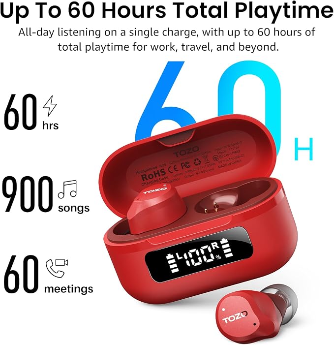TOZO NC9 Hybrid Active Noise Cancelling Wireless Earbuds, 60H, LED Display | 6 Mic ENC Clear Calls, Deep Bass Sound, IPX8, in Ear Bluetooth 5.3 Headphones,32 EQs via APP, Comfort Fit Ear Buds, Red - Image 4
