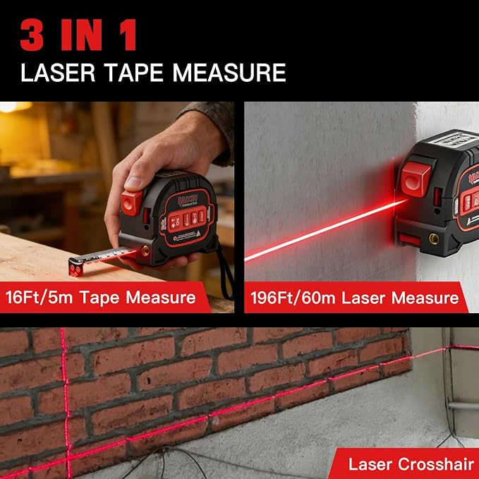 3-in-1 Laser Tape Measure - 196ft Max Laser Distance Meter & 16ft AutoLock - Image 2