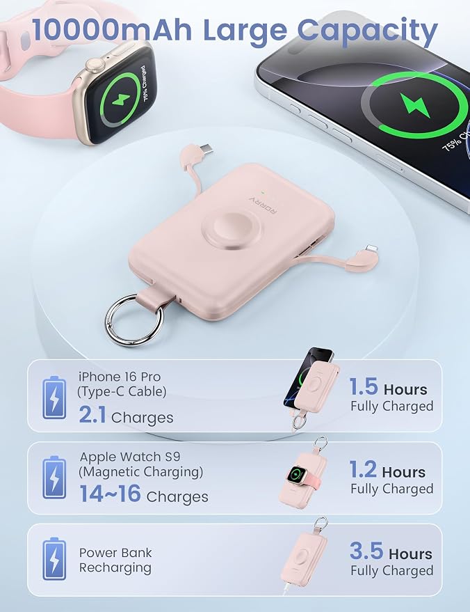 RORRY Portable Charger, 10000mAh PD 20W Fast Charging Portable Charger Power Bank with Built in Cables, Travel Battery Pack for iPhone and Apple Watch Ultra/11/10/9/8/7/6/5, Pink - Image 5