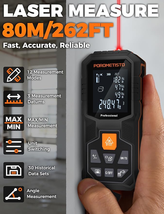 Laser Distance Meter POROMETISTO 164ft/50m, Digital Angle Finder, 12 Modes - Image 2