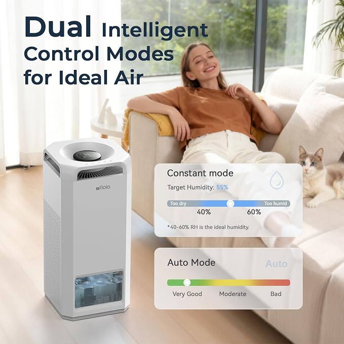 Afloia Air Purifier and Humidifier Combo in One-Cool Mist Evaporative for Home Bedroom Large Roome up tp 3000ft², with Humidity&Air Quality Sensor, Remove Pets Hair Mold Dust Odor Pollen Smoke, White - Image 7