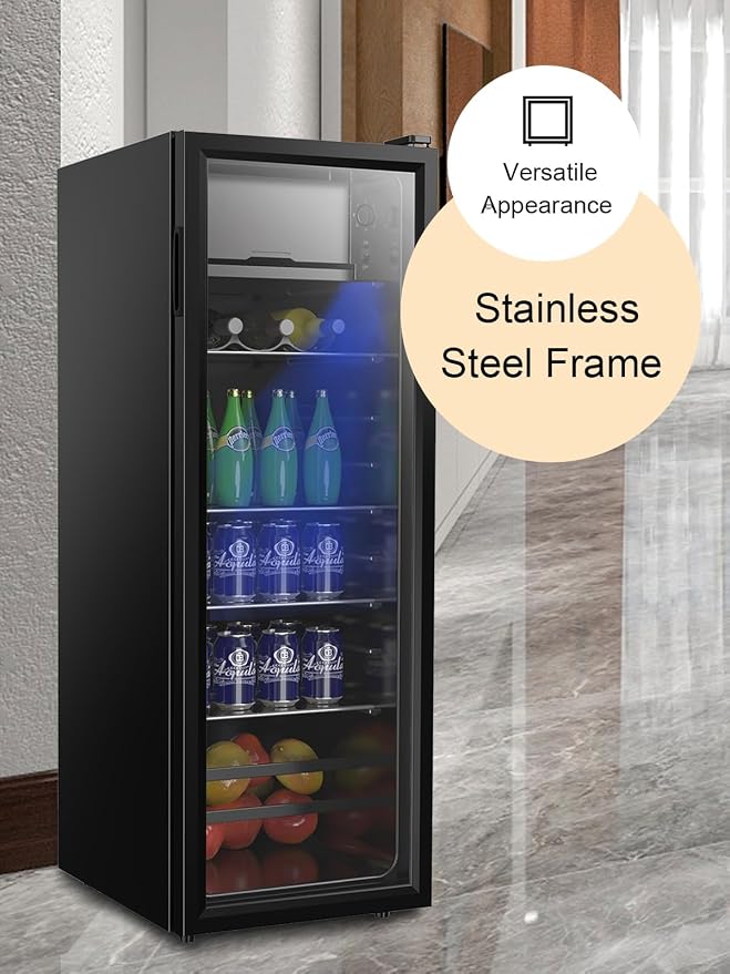 Beverage Refrigerator with Freezer 180 Can Freestanding Cooler Black | Adjustable Shelving Glass Door for Beer Soda or Wine Perfect for Home Office or Bar, - Image 8