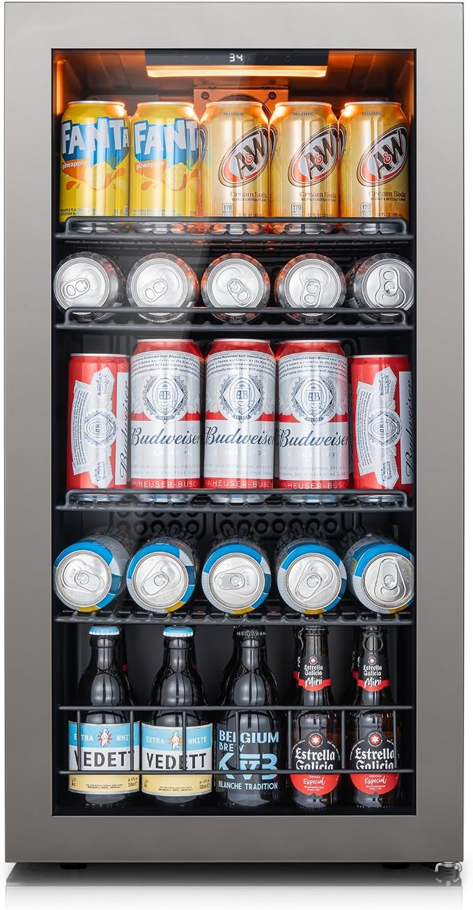 Ca'Lefort 105 Cans Mini Fridge, Beverage Refrigerator Cooler for Drink/Beer | 3.1 Cu.ft, Low-noise, Reversible Glass Door, 3-Color LED Lighting, Adjustable Shelves, 34℉ to 54℉ by CaLefort