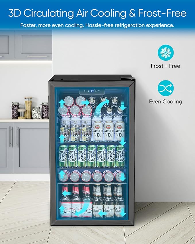 Feelfunn 3.2 Cu.Ft Mini Fridge with Glass Door - 126 Can Beverage Refrigerator Cooler for Drink Beer Wine Soda, Small Fridge for Bedroom Office Bar Dorm, 4 Adjustable Shelves, Black - Image 4