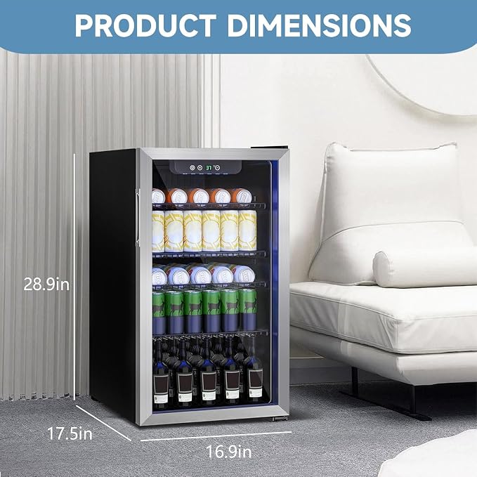 Erivess Beverage Refrigerator and Cooler, 110 Can/3.1 Cu Ft Mini Fridge with Glass Door, Adjustable Shelves for Soda,Bee,Wine, Free Standing Small Refrigerator, Digital Display, for Home, Bar, Office - Image 5