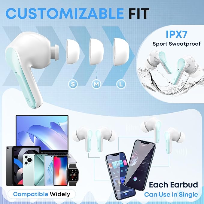 Wireless Earbuds Bluetooth 5.4 Headphones, Noise Cancelling Mic Ear Buds with 50H Playback, LED Digital Display, IPX7 Waterproof Earphones for Office/Running/Workout(Light Green) - Image 4