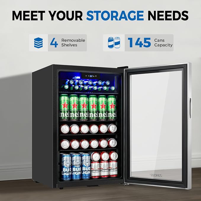 20 Inch Beverage Refrigerator Cooler, 145 Cans Mini Fridge with Glass Door&Lock, Small Drink Cooler Freestanding/Counter-Top for Soda, Beer with LED Light for Home Bar Office - 3.4 Cu.Ft, Silver - Image 3
