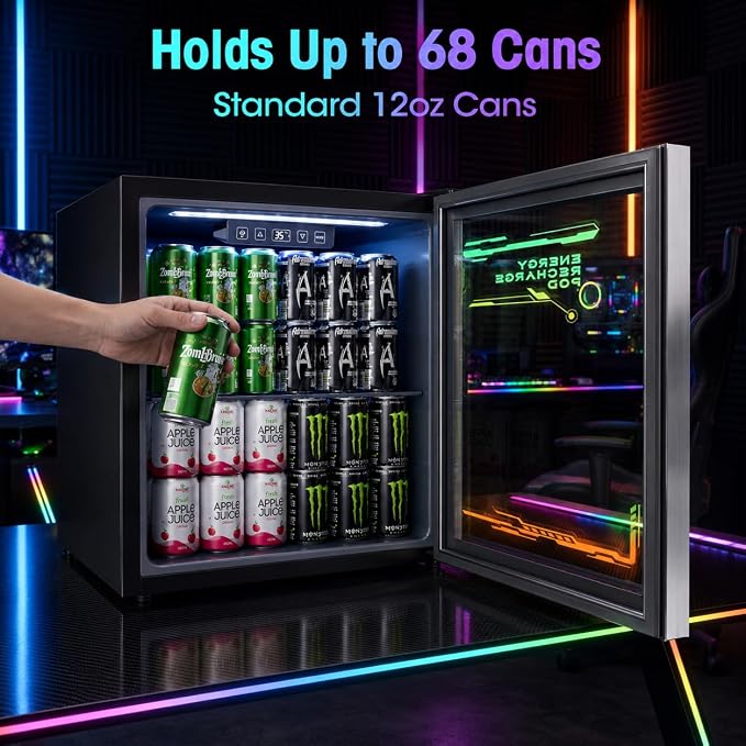 Tehanld Lighted Beverage Refrigerator, 68-Can Gaming Mini Fridge | RGB illuminated glass door, 1.8 cu.ft, 35-65°F digital control, quiet drink cooler for bedroom, game room, home bar - Image 3