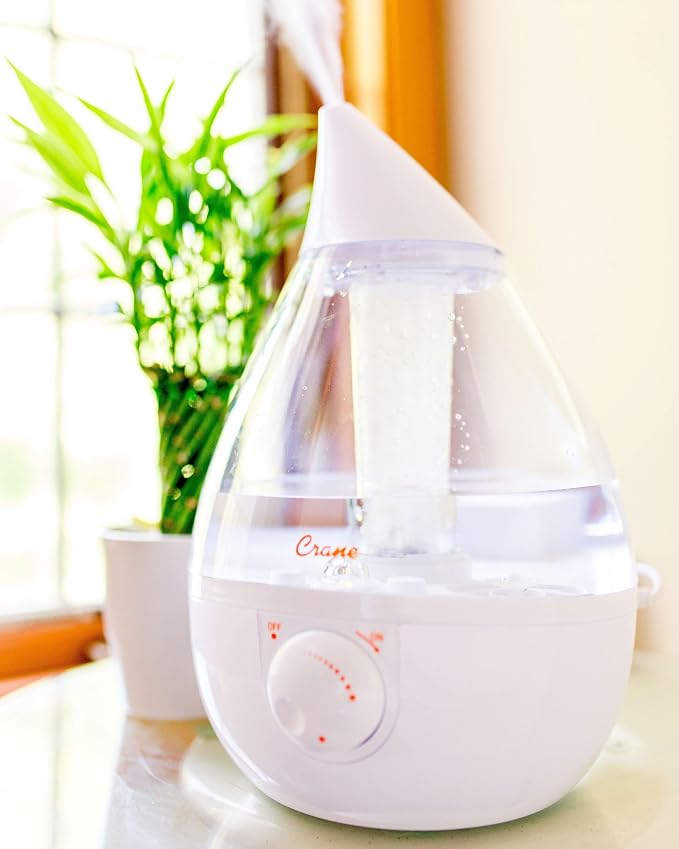 Crane White Teardrop Ultrasonic Cool Mist Humidifier, 1 Gallon Auto Shut-Off for Large Room, Baby Nursery, Bedroom Office, Clear & White - Image 7