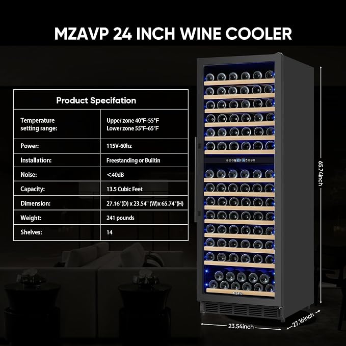 Dual Zone Wine Cooler Refrigerator, 24 Inch Wine Fridge Freestanding or Built-in, 154 Bottle Large Capacity Wine Cooler with Advanced Compressor, Air-circulation System and Low Noise - Black - Image 7