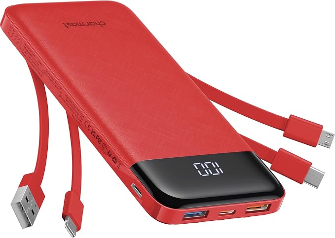 Charmast Portable Charger with Built in Cables, Power Bank with Cords Wires, Slim 10000mAh Travel Battery Pack 6 Outputs 3 Inputs 3A Fast Charging for Samsung Google Pixel LG Moto iPhone iPad by Charmast