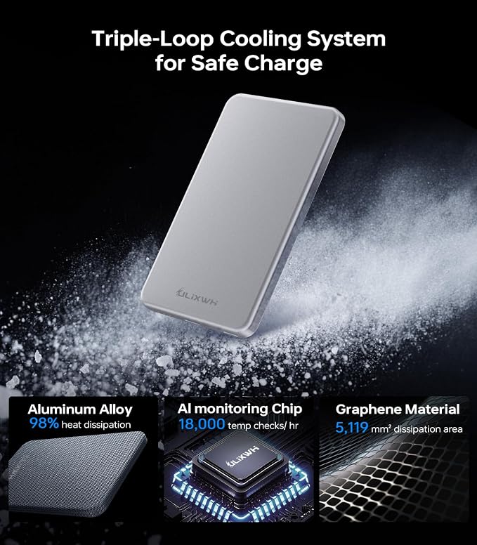 [0.3" Ultra Slim] [Alloy-Made] ULiXWH for Magsafe Portable Charger for iPhone, 2026 Upgrade 5000mAh Fast Charging Magnetic Power Bank, Wireless Battery Pack for iPhone 17 Air 16 15 Pro Max 14, Silver - Image 3