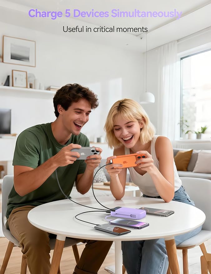 Portable Charger Power Bank Built-in Cables, 32000mAh 22.5W USB C Fast Charging, 5 Outputs 3 Inputs Travel Essentials Battery Pack Compatible with iPhone, iPad, Samsung, Google Pixel, Purple - Image 7
