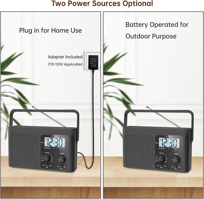 DreamSky AM FM Radio Portable - Shortwave Radio Battery Powered or Plug in Wall for Home Outdoor, Strong Reception, Large Dial Easy to Use, Digital Time Display, Transistor Antenna, Seniors Small Gift - Image 5