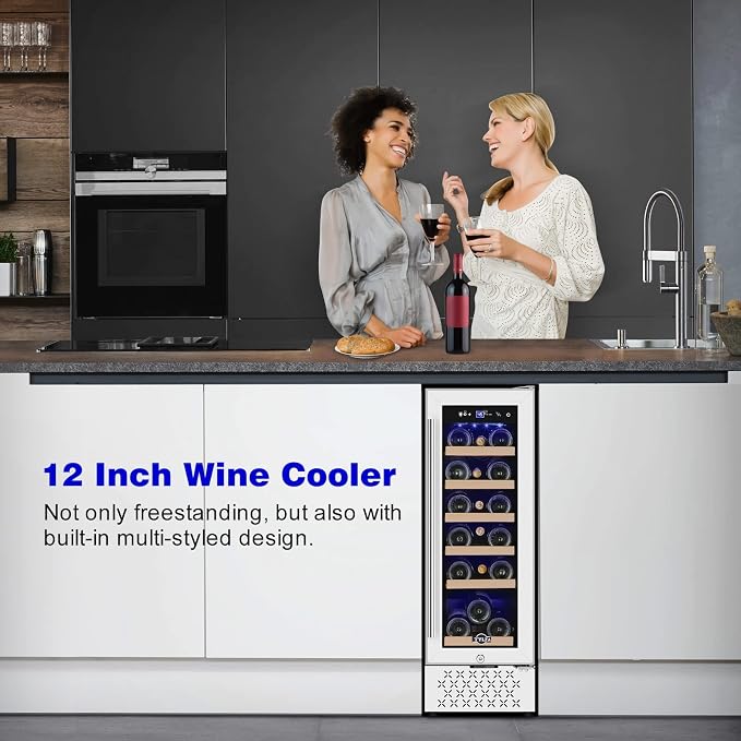 12" Wine Cooler Refrigerator, 18 Bottles Wine Fridge Built-in or Freestanding with Stainless Steel & Double-Layer Tempered Glass Door, Compressor Fast Cooling, Low Noise and No Fog, Mini Fridge - Image 2