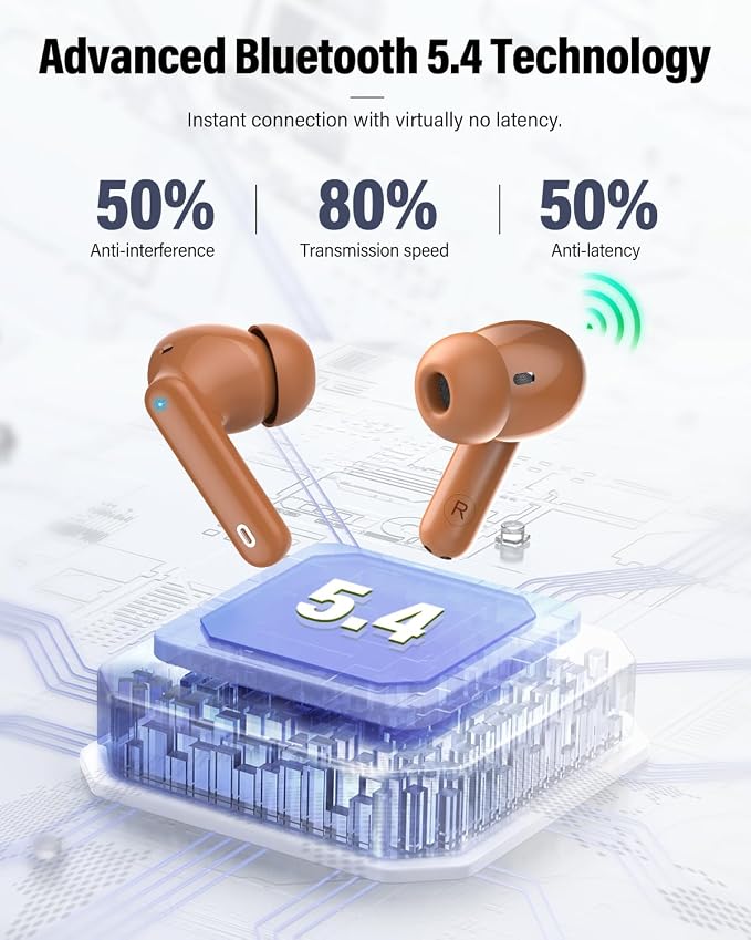 Wireless Earbuds, Bluetooth 5.4 Headphones Bass Stereo/Clear Calls, Brown | Ear Buds with Noise Cancelling Mic LED Display in Ear Earphones IP7 Waterproof 36H Bluetooth Earbuds for Phones/Sport/Laptop - Image 4