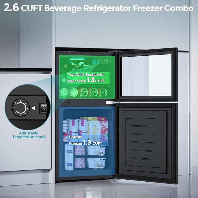 Electactic 2.6 Cu.Ft Mini Fridge with Freezer, 2 Door Compact Refrigerator, Freestanding Beverage Wine Cooler for Bedroom, Office, Home, Reversible Door, Adjustable Thermostat,Black - Image 4