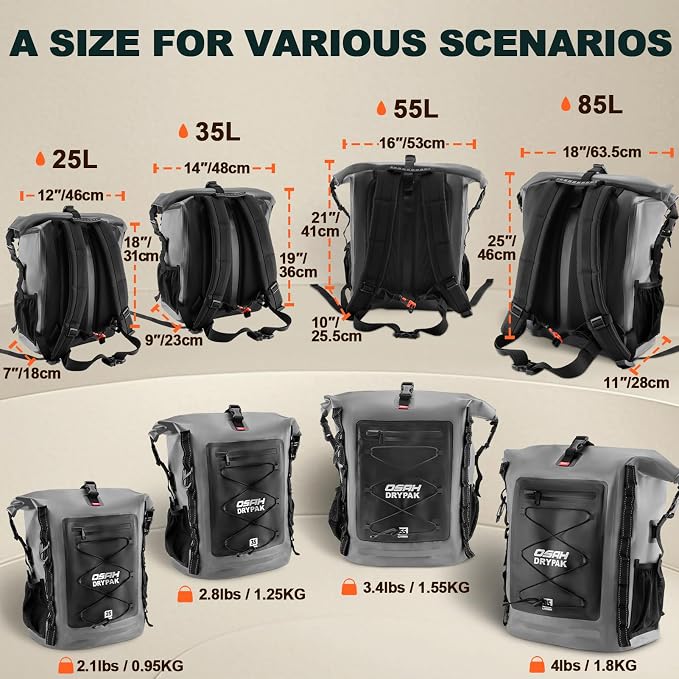 OSAH DRYPAK Waterproof Backpack Dry Bag 25L/35L/55L/85L – Heavy Duty Roll-Top - Image 2