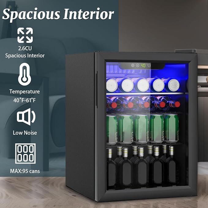 Compact 95 Can/2.6Cu.Ft Mini Fridge, Reversible Glass Front Door | For Soda, Beer or Wine, Portable Small Beverage Refrigerator with Digital Display & Removable Shelves for Office, Dorm, Bar - Image 5