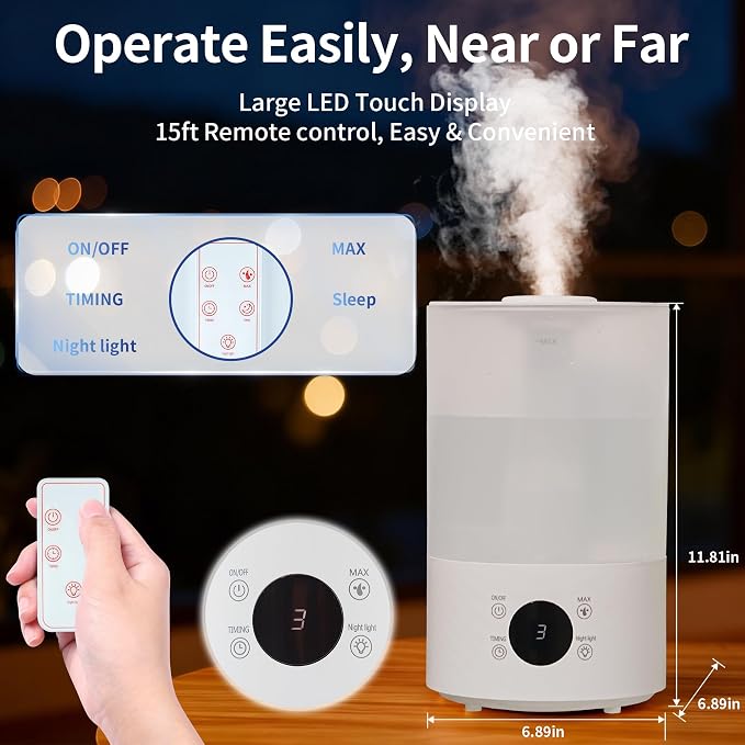 Top Fill Humidifiers for Bedroom, 4.0L Tank Cool Mist Humidifiers for Large Room, 40H Runtime, Plants with 9H Timer, Auto Shut-Off,Quiet Ultrasonic Humidifier with 360° Nozzle for Baby Nursery - Image 6