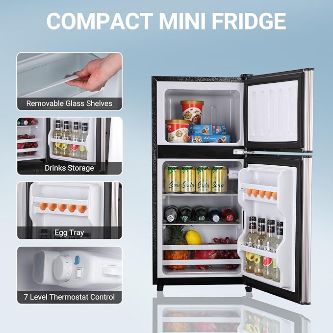 Apartment Size Refrigerator, 4.0 Cu.Ft Compact Fridge with Freezer Silver | Suitable for Apartment, Office, Kitchen, Dorm, Small Refrigerator with 7 Temperature Modes, Double Door - Image 7