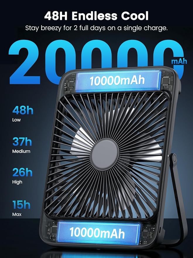 Warmco 20000mAh Battery Powered Fan, Ultra-Slim 8-Inch Portable Camping Fan with LED Lantern, Up to 48H Runtime Rechargeable Desk Fan for Bedroom, Outdoor, Tent, Travel, Cruise Ship Essentials - Image 2