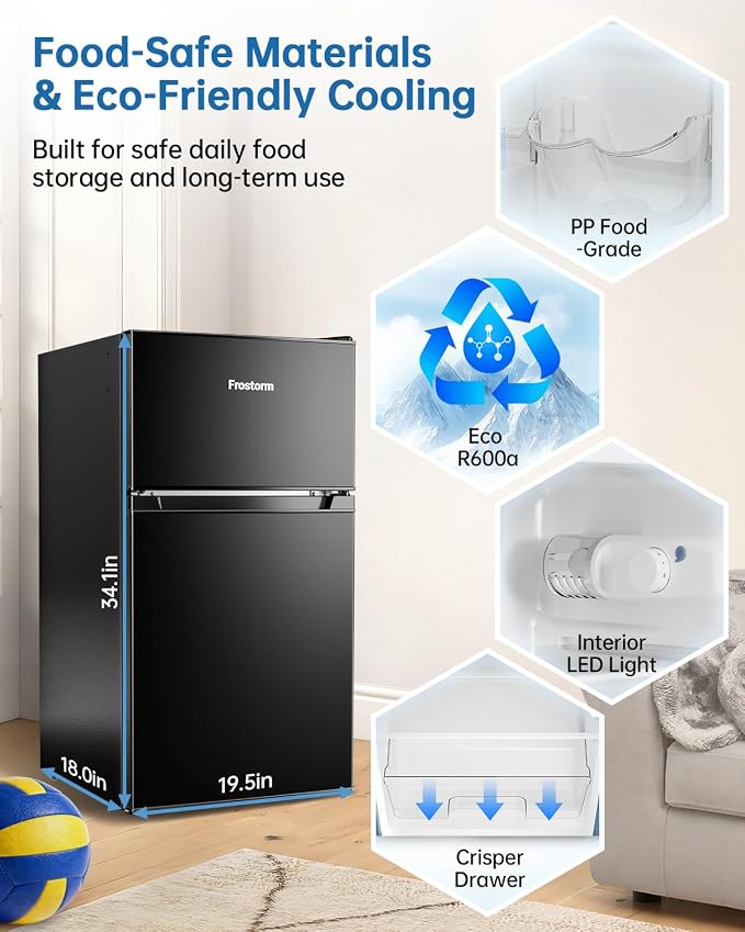3.2 Cu Ft Mini Fridge with Freezer, Double Door Upright Freezer | Energy Efficient, Glass Shelves, Interior Light, ETL Certified, Compact Small Refrigerator for Bedroom, Office & Dorm, Black - Image 7