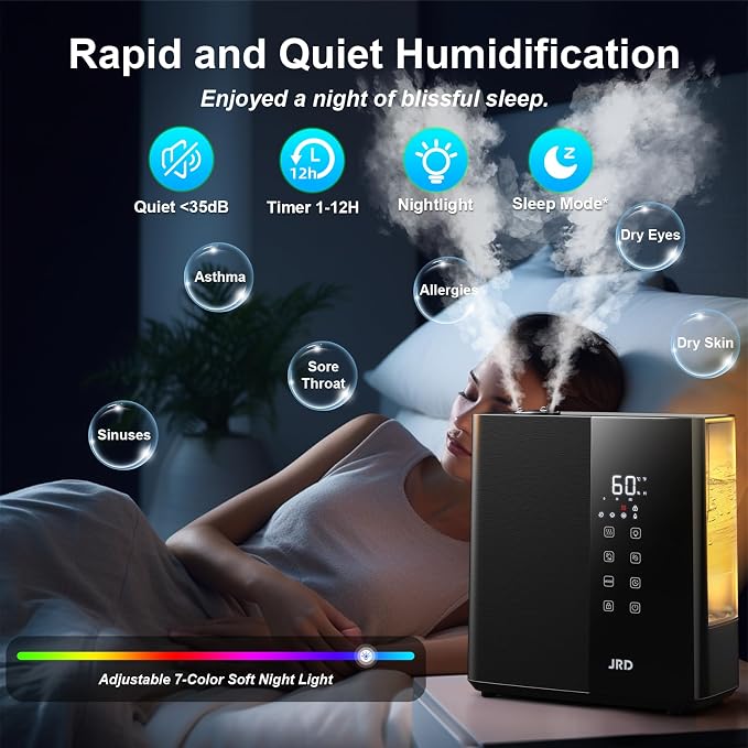 JRD Warm & Cool Mist Humidifiers for Bedroom 5L, Quiet Ultrasonic Air Humidifier Fast Symptom Relief, 50H Runtime, Oil Diffuser, 12H Timer, 7 Color Light for Large Room, Office, Baby, Plants-Black - Image 4