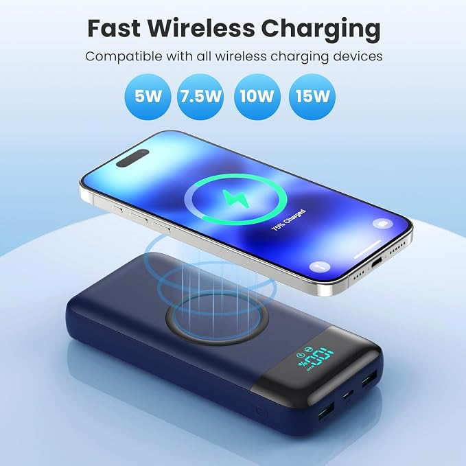 YHO Wireless Portable Charger 40800mAh for iPhone with Built-in Cables,15W Wireless Charging USB C Power Bank,25W PD Fast Charging Travel Essential Battery Pack for iPhone 17/16/15/14-Dark Blue - Image 2
