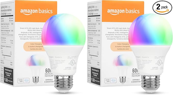 Amazon Basics Smart A19 LED Light Bulb, Color Changing, Compatible by AmazonBasics