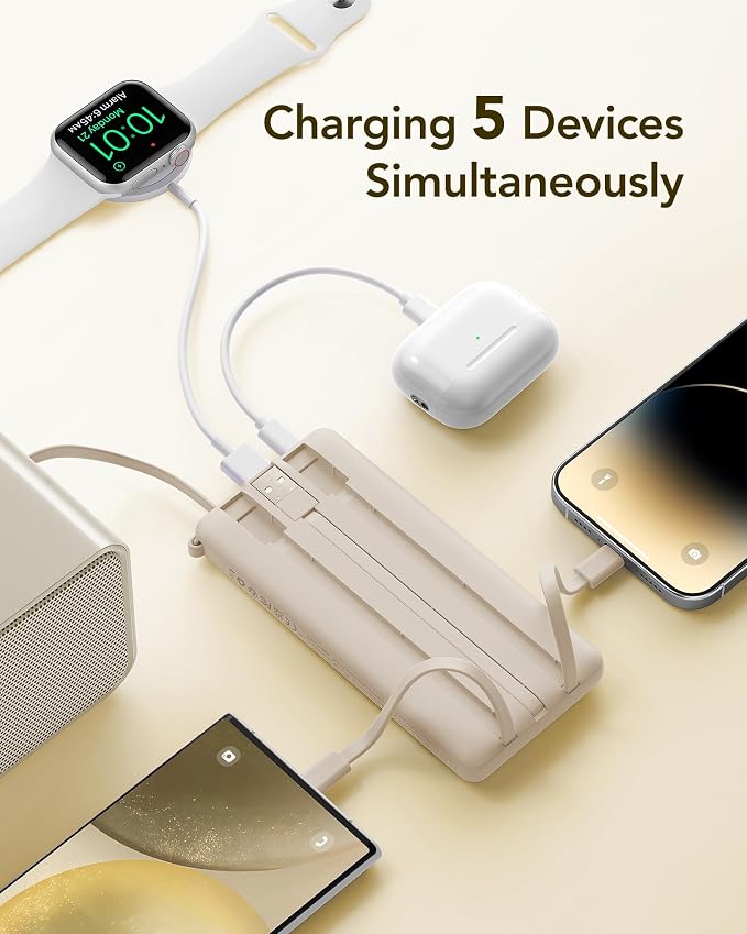VRURC Portable Charger Power Bank,10000mAh Travel Essentials Battery Pack, 5 Outputs 2 Inputs Slim USB C Charging Bank Built-in Cables Cords for iPhone 17 16 15 13,Samsung,Android-Light Coffee(1 Pack) - Image 4