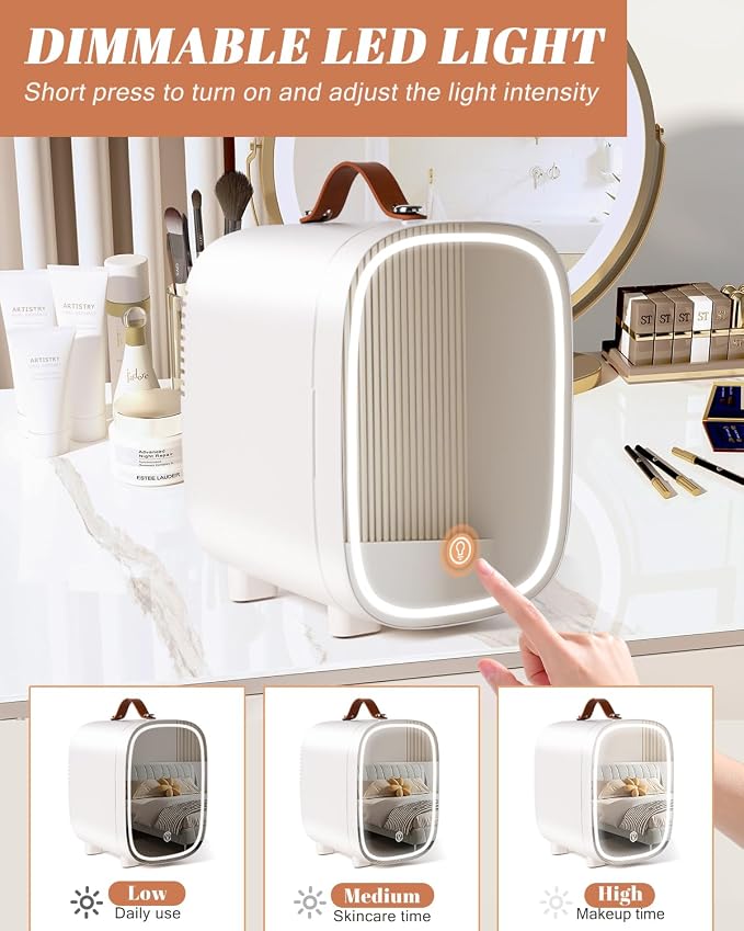 Mini Fridge for Bedroom, 4 Liter/6 Can Skincare Fridge With LED Mirror & Leather Carrying Handle,12v AC/DC Cooler & Warmer Portable Small Refrigerator for Drinks, Makeup, Dorm, Office and Car(White) - Image 3