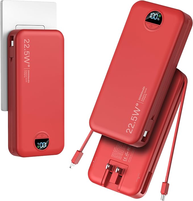 20000mAh Ultra-Portable-Charger-Power-Bank with Built in Cables&AC Wall Plug,PD20W USB-C Fast Charging Cell Phone Charger Battery Pack,LED Display Travel Battery Bank for All iPhone,Samsung,Android by AONIDI
