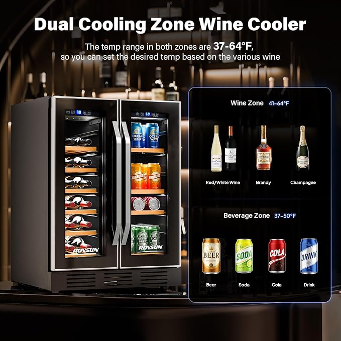 ROVSUN 24 Inch Wine and Beverage Refrigerator, Hold 17 Bottles and 61 Cans | 34 Bottles Dual Zone Wine Fridge, 37°F to 64°F, LED Light, Built-in or Under Counter Wine Refrigerator for Home/Bar/Kitchen - Image 2