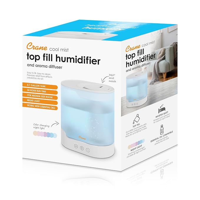 Crane 0.7 Gallon Top Fill Cool Mist Humidifier and Aroma Diffuser, with Color-Changing Night Light and Aroma Diffuser Function, Humidifier For Bedroom, Office or Nursery - Image 7