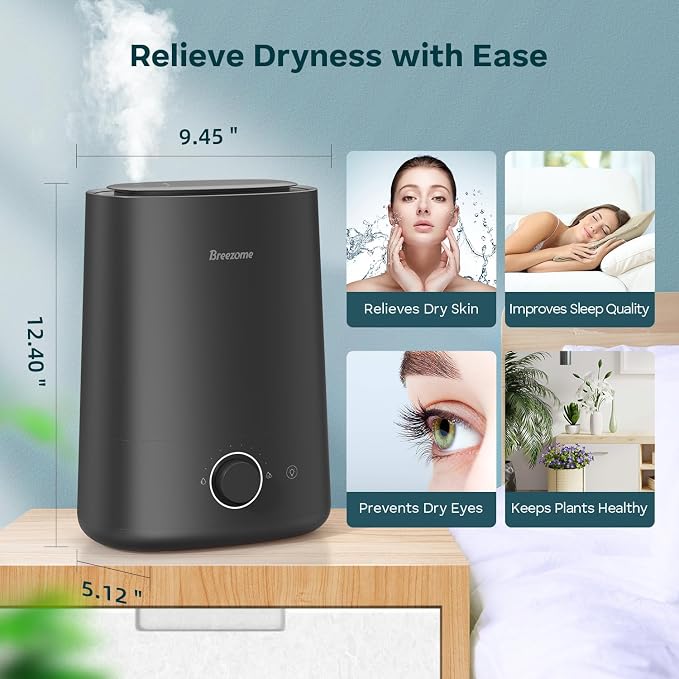 BREEZOME 5L Humidifiers for Bedroom, Ultrasonic Cool Mist Top Fill Humidifier & Essential Oil Diffuser, 360°Nozzle, Auto Shut-off, 50H Runtime, Quiet Humidifiers for Large Room, Baby Nursery, Plants - Image 8